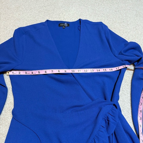 1. State Blue Ruffled Wrap Midi Dress with Tie Front Women Size 6 Royal Blue - Picture 4 of 8